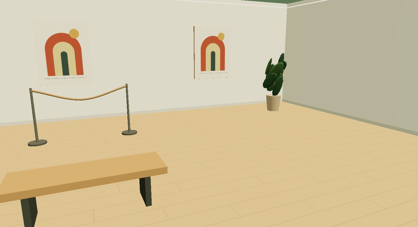 Paintings and objects in a walkable 3D art gallery